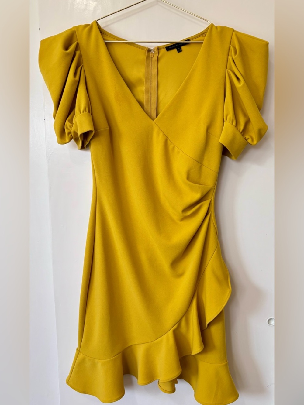 Symphony| Yellow Puff-Sleeve Ruffled Midi Cocktail Party Dress Sz M